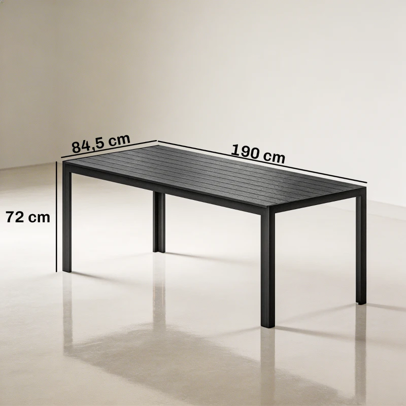 Outsunny Gartentisch Kunststoff 190 x 84,5 x 72 cm UV- & Wetterfest Balkontisch mit Holzoptik, Holzstrukur, rutschfest Buffettisch für 6 Personen Outdoor Esstisch für Garten, Balkon Schwarz