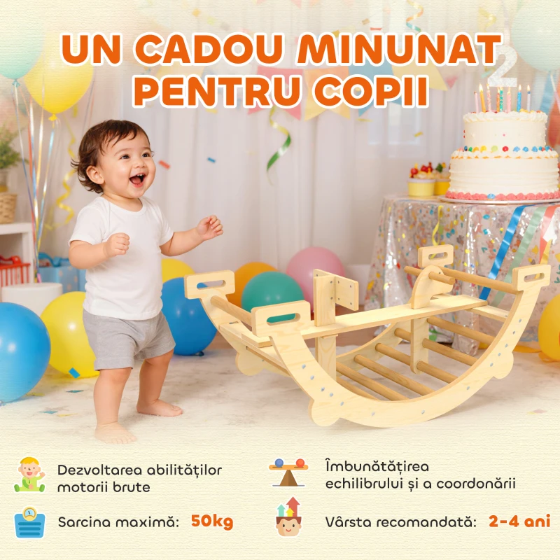 AIYAPLAY Arc Montessori din Lemn pentru Copii 2-4 Ani Convertibil în Leagăn 110x52x45 cm, Culoare Lemn