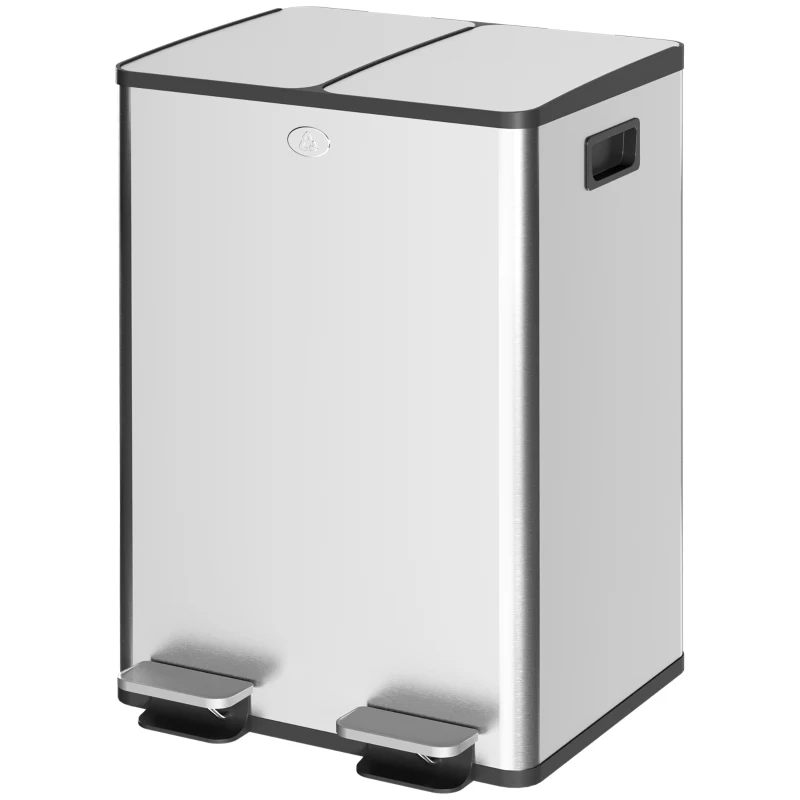 HOMCOM 2 x 28 L Doppelmülleimer, Pedalöffnung, leicht zu reinigen, Edelstahl, Kunststoff, Silber