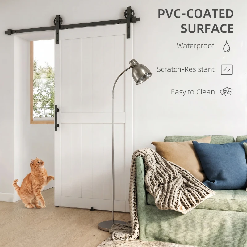 HOMCOM 213.4cm Sliding Barn Door Kit, Sliding Door with Track, Hardware, Upgraded Rollers and Floor Guide, Handle, White