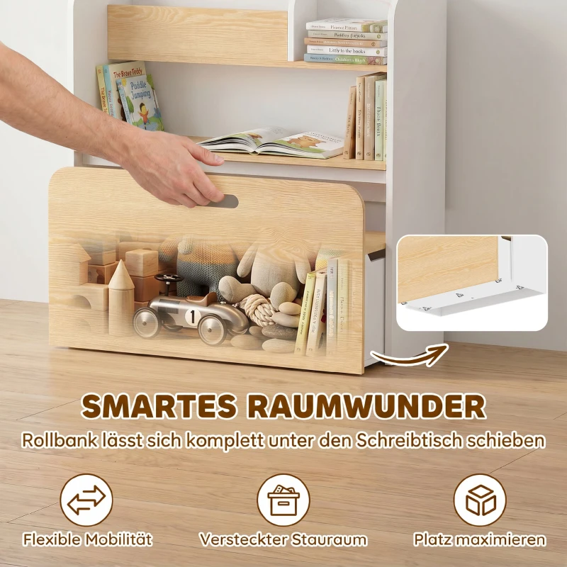 AIYAPLAY Kindertisch mit Sitzbank 5-in-1 Kindersitzgruppe mit Bücherregal, rollbar Kindertruhenbank mit Aufbewahrungsbox für 3-8