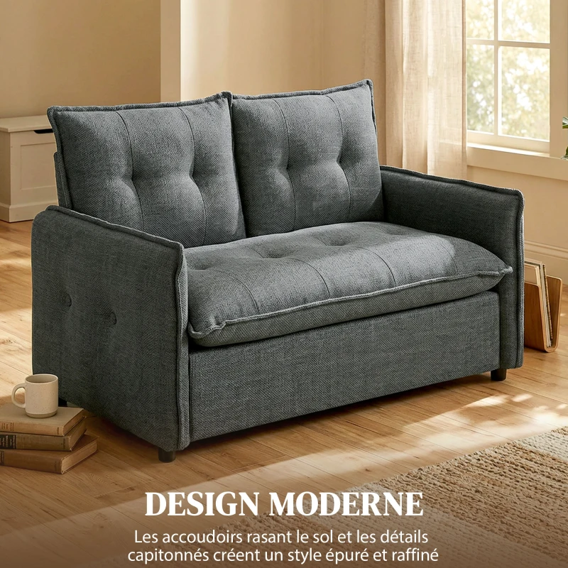HOMCOM Canapé 2 places, canapé de salon moderne 131 cm avec assise rembourrée, coussins à ressorts, tissu en lin, gris foncé