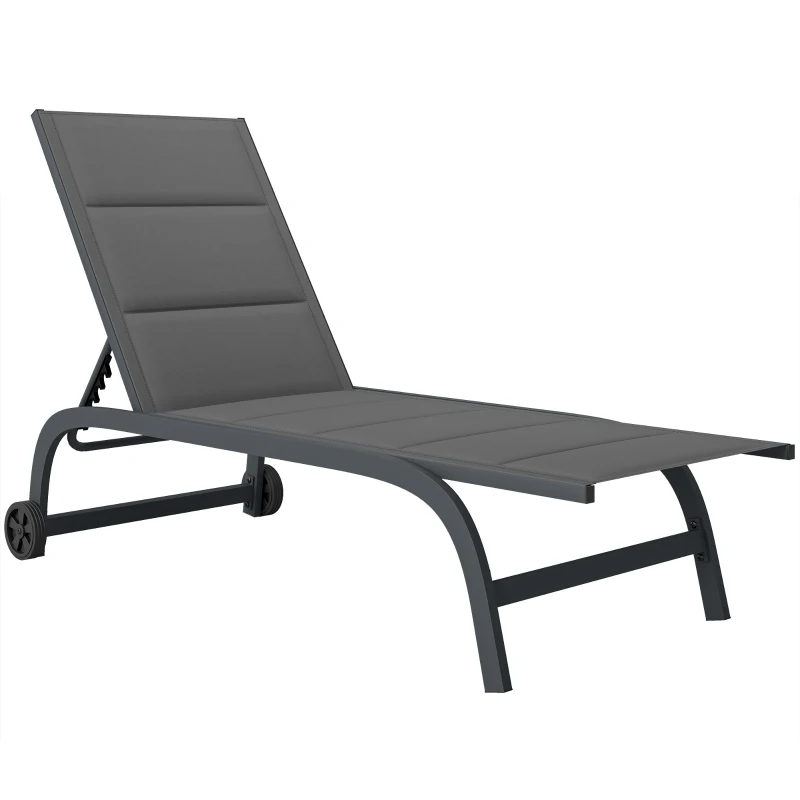 Outsunny Bain de Soleil en Aluminium, Dossier Réglable 6 Positions avec Roues, Rembourrage Intégré, 62x165x94cm, Gris Foncé