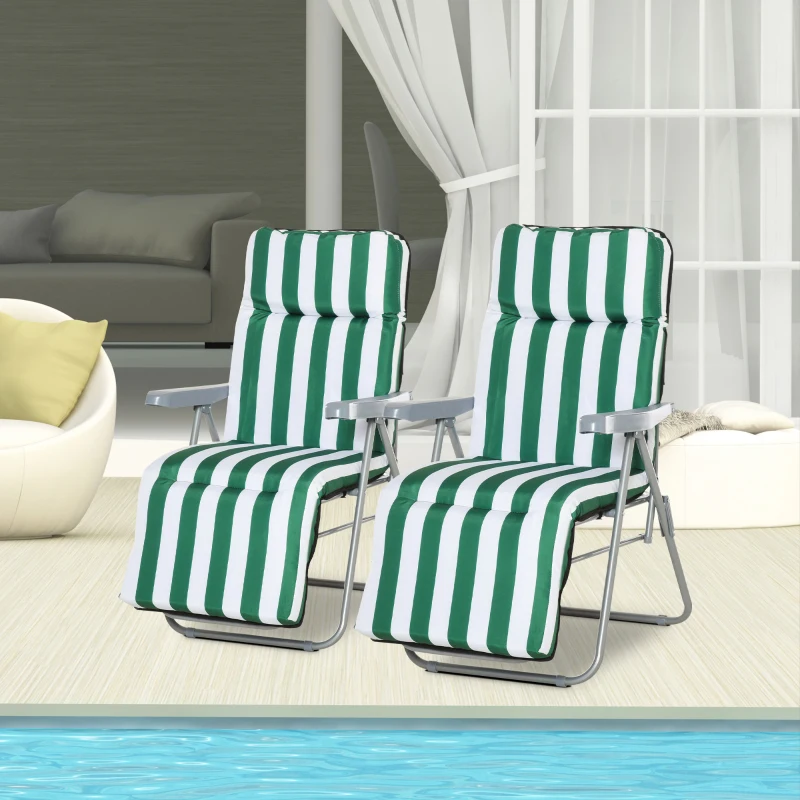 Outsunny 2 Tumbonas de Jardín de Acero con Cojín Acolchado Respaldo Ajustable y Reposapiés 60x75x66-102 cm Rayas Verde