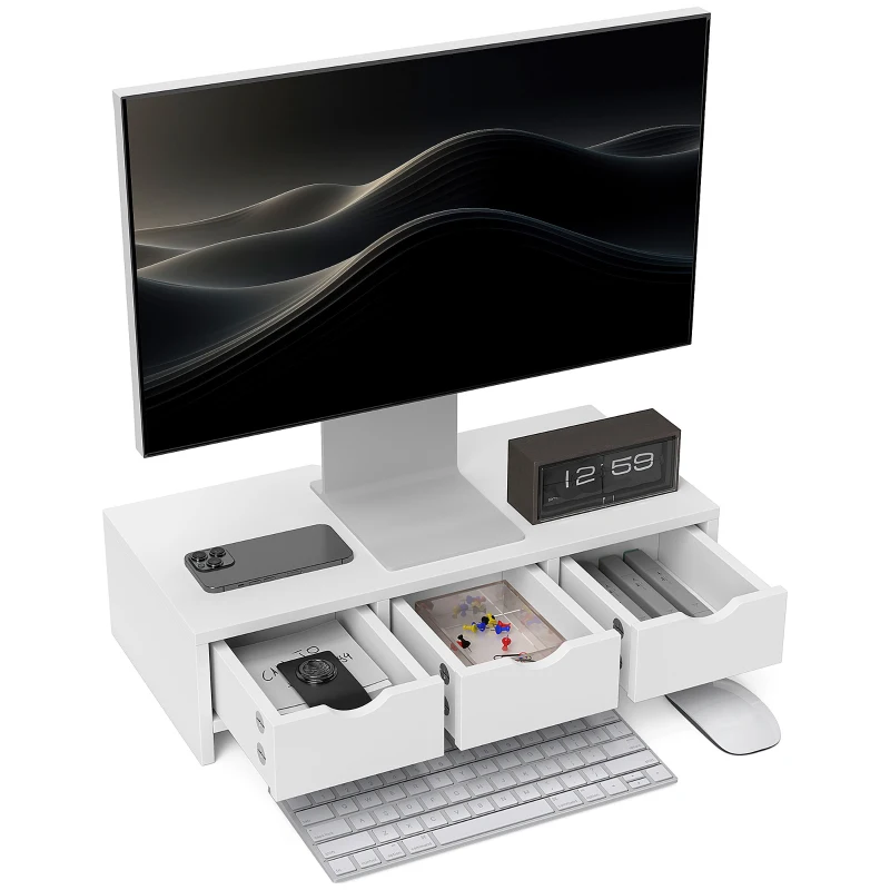 HOMCOM Ridicător monitor, Suport pentru birou cu 3 sertare pentru PC/Laptop 51x24x13 cm Alb