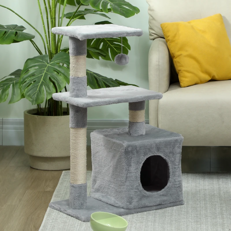 PawHut Arbre à chat tour de jeux pour chats poteaux en sisal, 2 plate-forme, niche, balle, tissu peluche, 50x30x81,5cm, gris