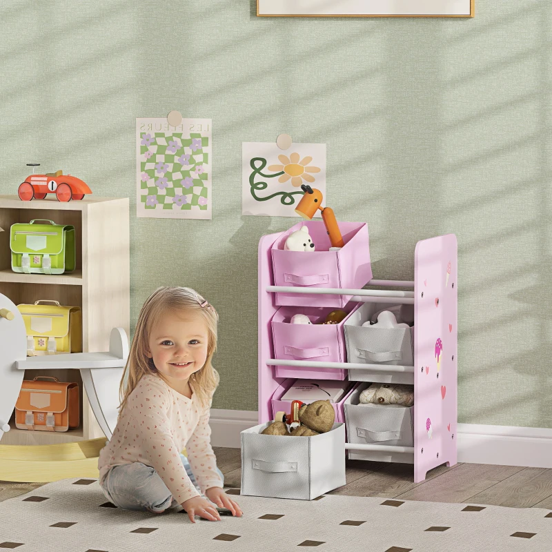 AIYAPLAY Estante para Brinquedos com 6 Caixas de Tecido não Tecido Amovíveis Organizador de Brinquedos para 43x30x60 cm Rosa