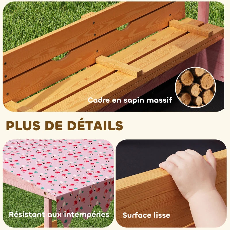 AIYAPLAY Bac à sable en bois avec couvercle, bac à sable enfant extérieur avec siège pliable toile imprimée flamants roses