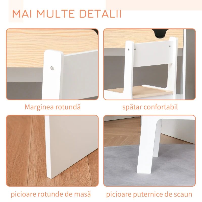 HOMCOM Set Birou și Scaun pentru Copii cu Sertar și Raft, Margini Rotunjite, Vârsta 6-10 Ani, Alb și Lemn