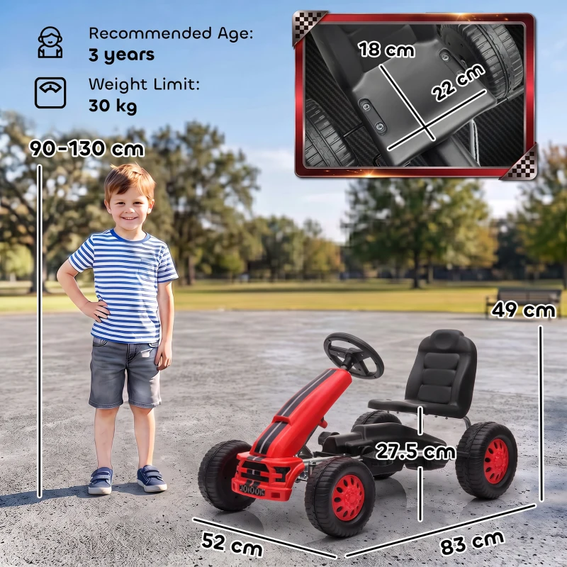AIYAPLAY Go-kart pentru copii +3 ani cu scaun reglabil volan frână de mână cadru din aluminiu și oțel sarcină 30 kg Roșu