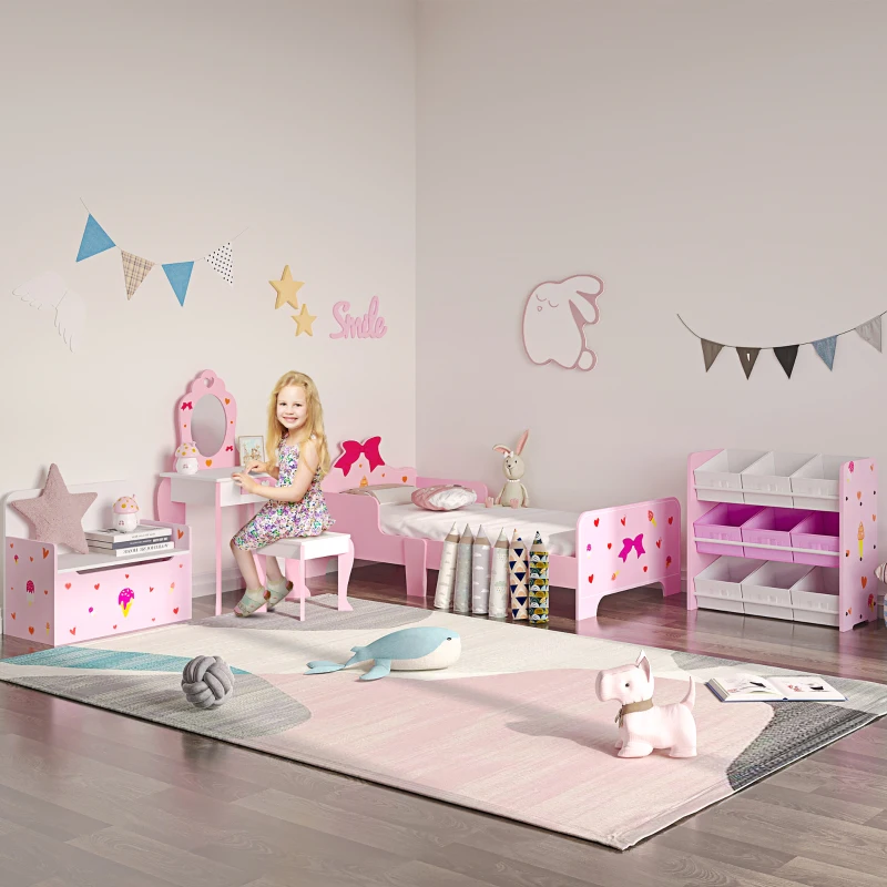 ZONEKIZ Mobiletto Portagiochi con 9 Cestini Rimovibili in Legno e Tessuto, 63x30x60 cm, Rosa e Bianco