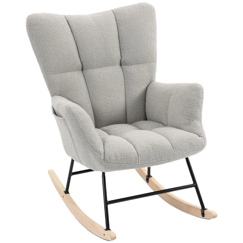 HOMCOM Rocking Chair, Teddy Fleece Rocker Chair with Tufted Wingback, Side Pockets, Rubber Wood Legs, Light Grey