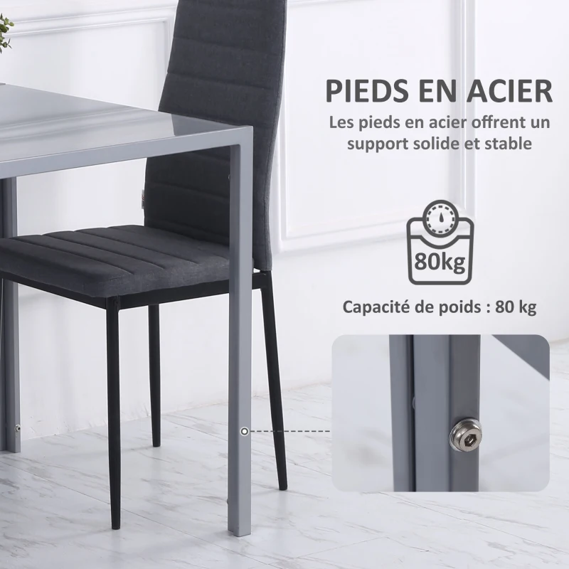 HOMCOM Table à manger pour 4 personnes, table de cuisine avec plateau en verre trempé et pieds en métal, 75 x 75 x 75 cm, gris