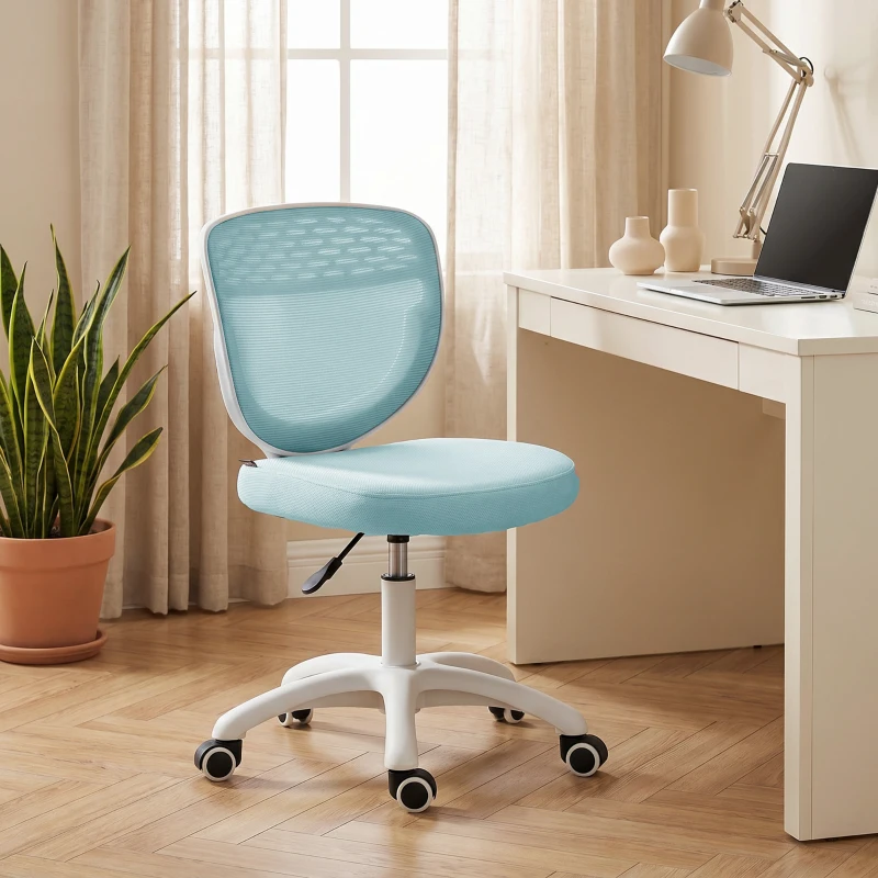 HOMCOM Office Chair, Armless Computer Desk Chair with Breathable Mesh, Adjustable Height, Swivel Wheels, Light Blue