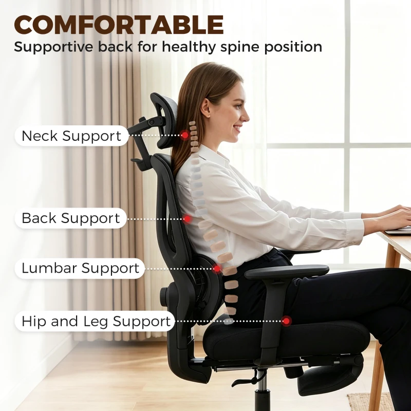 HOMCOM Mesh Desk Chair with 3D Armrests, Ergonomic Office Chair with Rotatable Headrest, Black