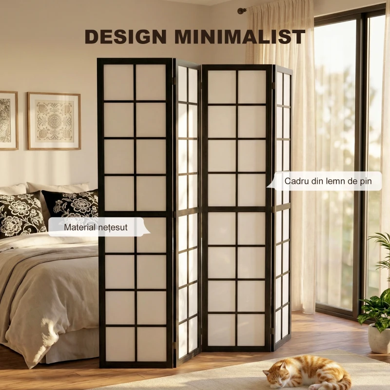HOMCOM Paravan de Interior Pliabil cu 4 Panouri din Lemn și Material Nețesut, 160x170 cm, Negru și Alb