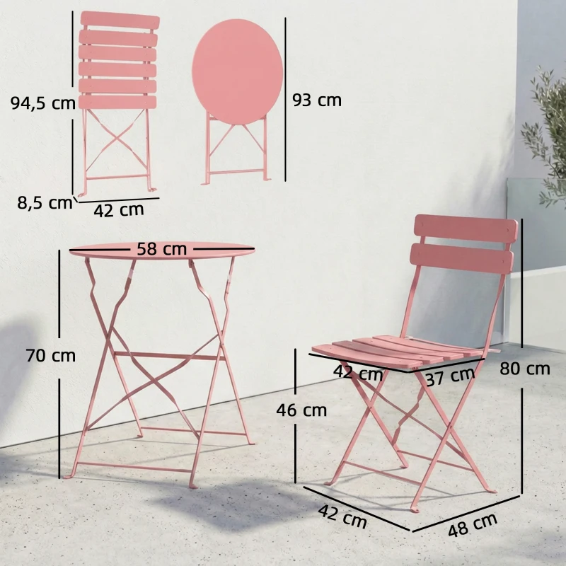 Outsunny Ensemble Bistrot de Jardin 3 Pièces Table et 2 Chaises Pliantes à Lattes Double Protection Antirouille Rose