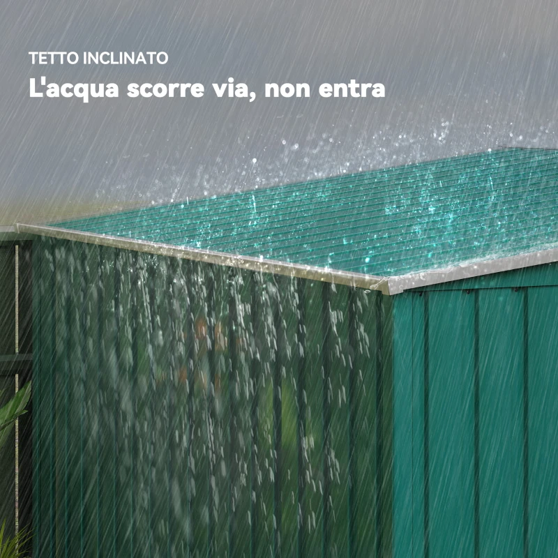 Outsunny Capanno Attrezzi in Metallo 1.5x2m con Base, Porta Scorrevole e Tetto Inclinato, Verde