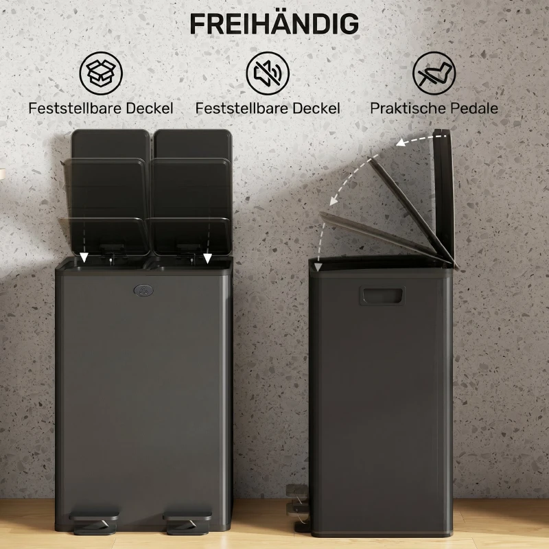 HOMCOM 2 x 28 L Doppelmülleimer, Pedalöffnung, leicht zu reinigen, Edelstahl, Kunststoff, Schwarz