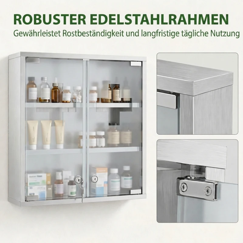HOMCOM Medizinschrank, Abschließbarer Medikamentenschrank mit 2 Schlüsseln, Glastür und 6 Regalen, 48 x 46 x 12 cm, Silber
