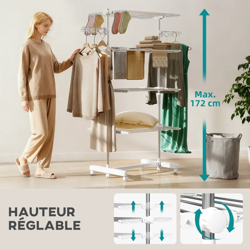 HOMCOM Étendoir à Linge 4 Niveaux, Sechoir a Linge avec 6 Roulettes, Pliable, Cadre en Acier Inoxydable et Ailes Latérales, pour Intérieur Extérieur, 142 x 55 x 172 cm, Blanc