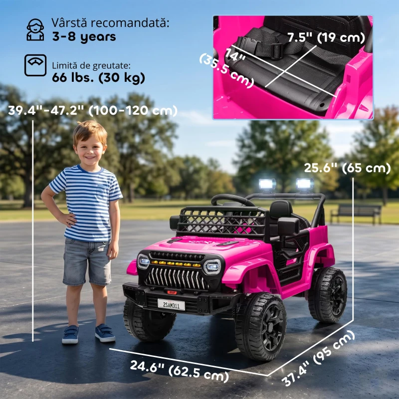 AIYAPLAY, mașină electrică 4x4 copii, telecomandă 2,4 GHz, 2 motoare 12 V, viteză reglabilă, muzică, lumini LED, negru