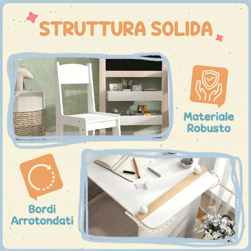 AIYAPLAY Set Tavolo e Sedia per Bambini 3-8 Anni con Lavagna Nera, Lavagna Bianca, Contenitori e Rotolo di Carta, Bianco