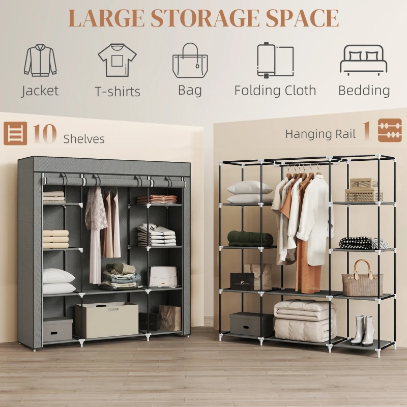 HOMCOM Clothes Storage Organiser with Hanging Rail, Shelves, Portable Wardrobe, Foldable Fabric Wardrobe, Dark Grey