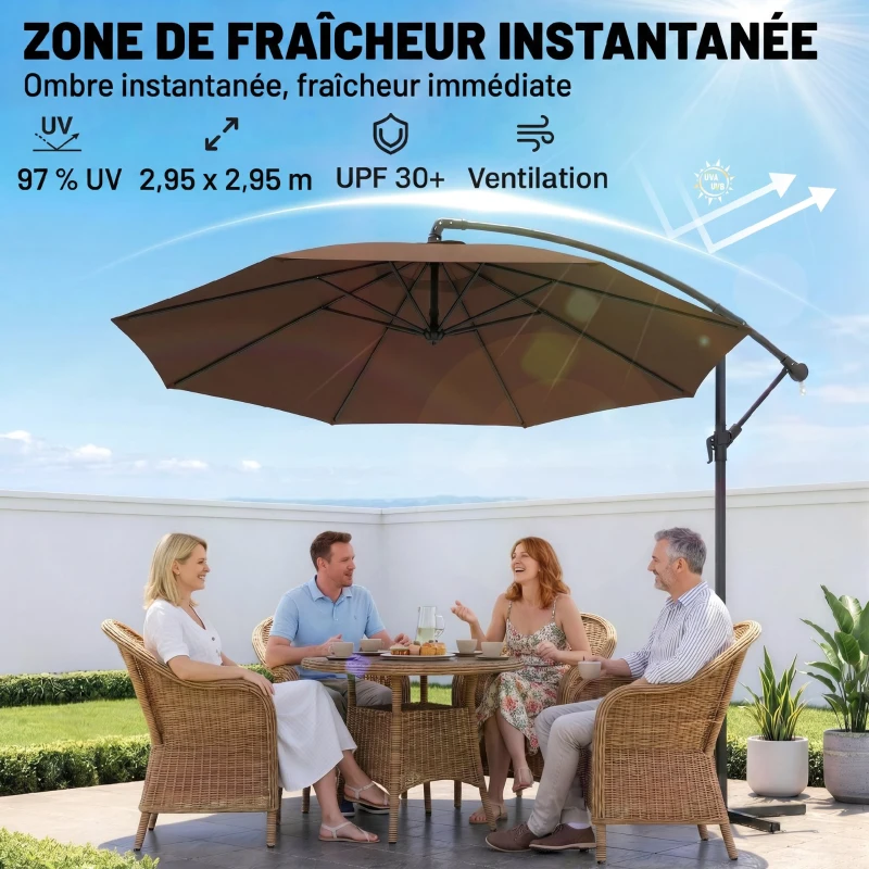 Outsunny Parasol déporté octogonal à manivelle inclinable manivelle avec Pied en Acier diamètre 3 m Chocolat