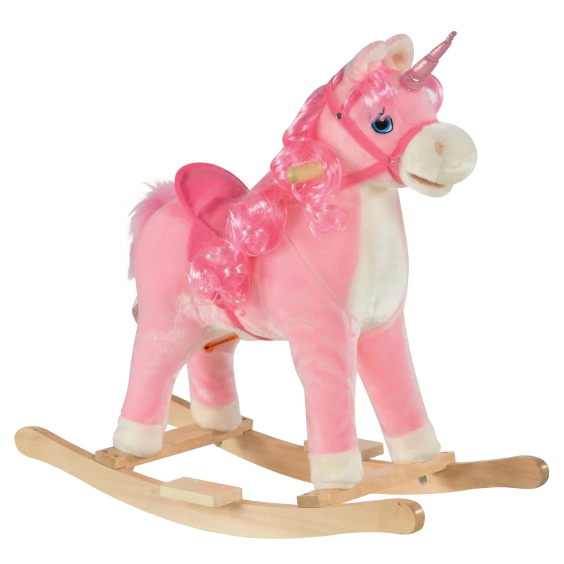 HOMCOM Cheval à Bascule modèle Licorne avec Sons Authentiques Selle Grand Confort Bois de peuplier Rose dim. L74 x l33 x 62H cm