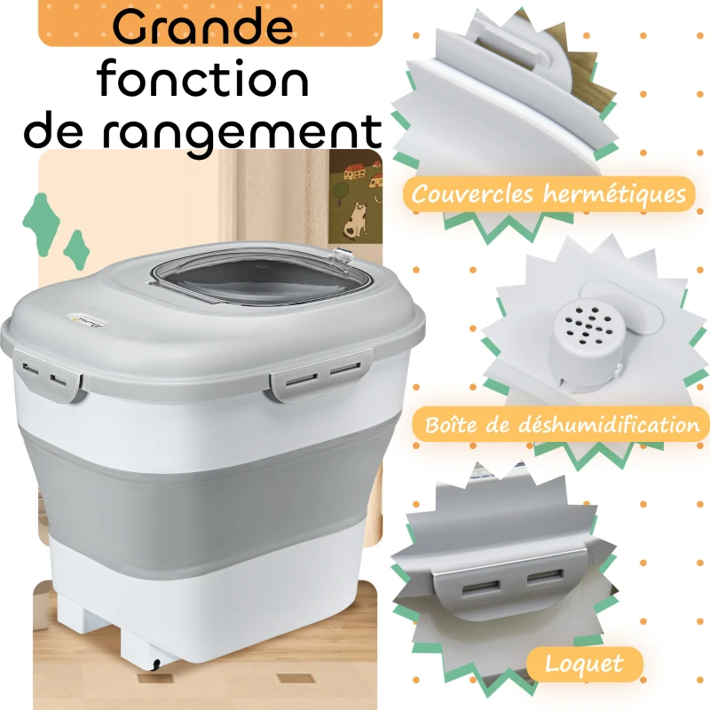 PawHut Conteneur à croquettes pour chien pliable 25L rangement hermétique couvercles hermétiques roulettes 44 x 32 x 37 cm gris