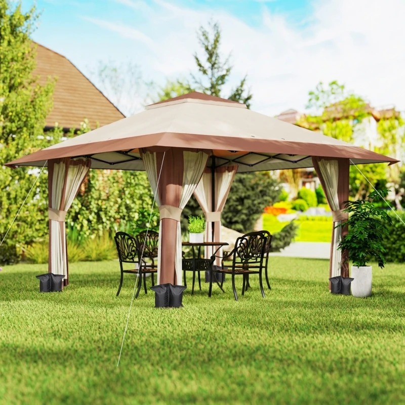 Outsunny Tonnelle pliante barnum parois en filet et protection UV50+ hauteur réglable et double toit sacs de lestage 4x4m beige