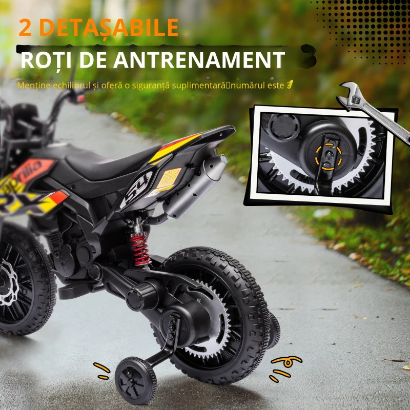 AIYAPLAY Motocicletă Electrică pentru Copii 3-8 Ani, 2 Motoare 12V, Roți Ajutătoare Detașabile, 30 kg, Galben