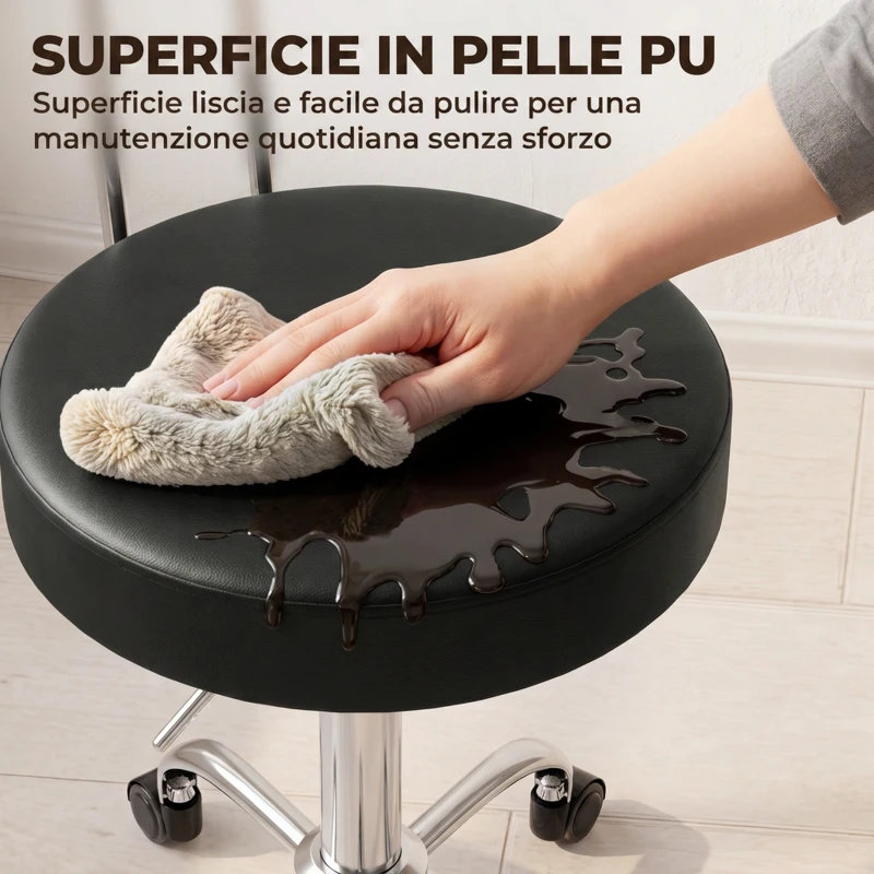 HOMCOM Sgabello con Ruote in Ecopelle PU, Regolabile, Seduta Imbottita e Schienale, Nero