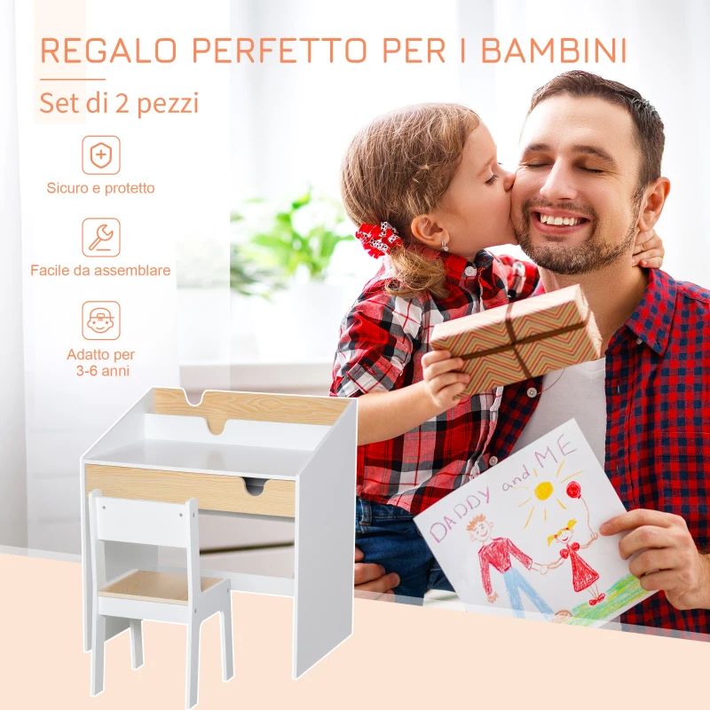 HOMCOM Set Scrivania e Sedia per Bambini con Cassetto e Scaffale, Bordi Arrotondati, Età 6-10 Anni, Bianco e Legno