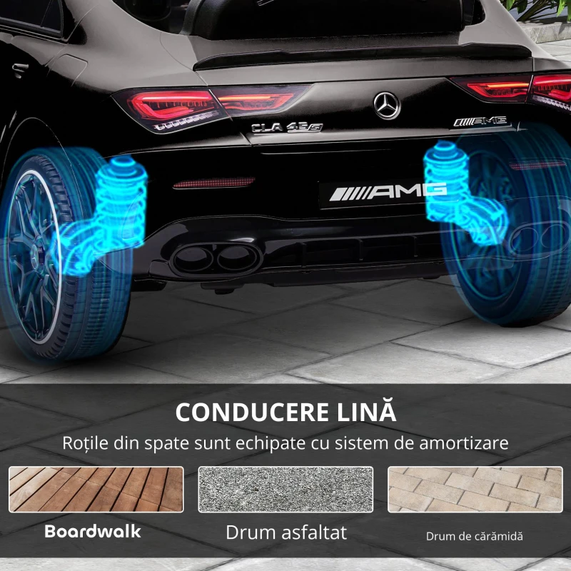 AIYAPLAY Mașină electrică pentru copii Mercedes-benz AMG CLA 45, telecomandă, viteză reglabilă (3-5 km/h), far LED muzică, negru