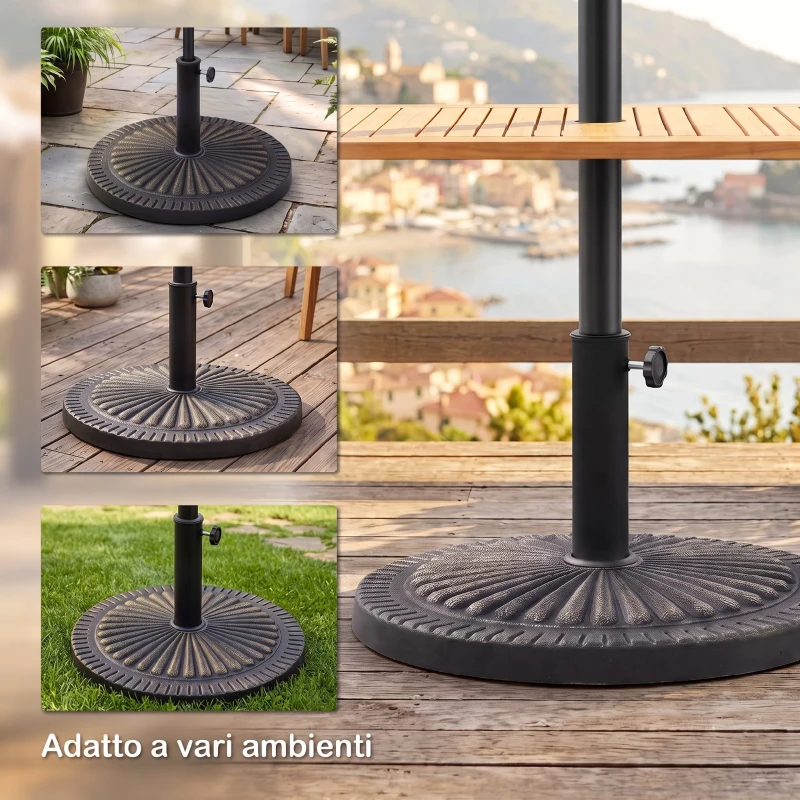 Outsunny Base Ombrellone Rotonda per Pali da Ø3,8-4,8cm con Decorazione e Manopola, Peso 15kg Ø49x32cm