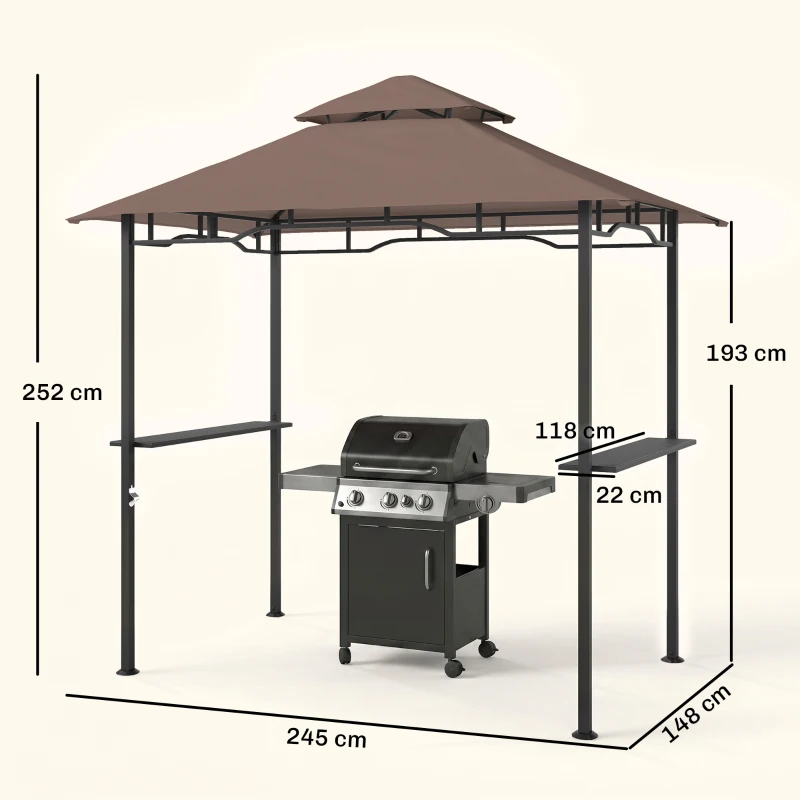 Outsunny Grillpavillon Gartenzelt Grill Pavillon Balkonpavillon mit Ablagen Flammhemmendes Doppeldach Kaffeebraun 245 x 148 x 252 cm