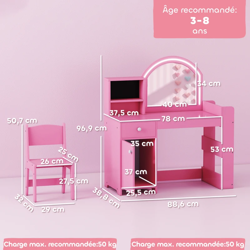 AIYAPLAY Coiffeuse pour enfants avec tabouret et miroir LED, table de maquillage pour 3 à 8 ans, 88,6 x 38,8 x 96,9 cm, rose