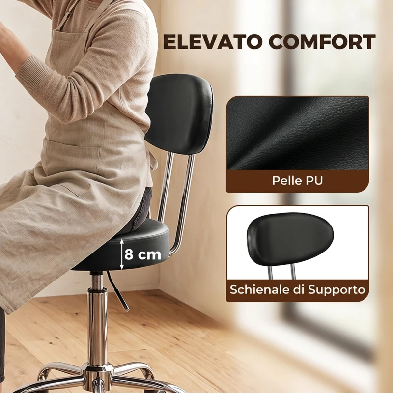 HOMCOM Sgabello con Ruote in Ecopelle PU, Regolabile, Seduta Imbottita e Schienale, Nero
