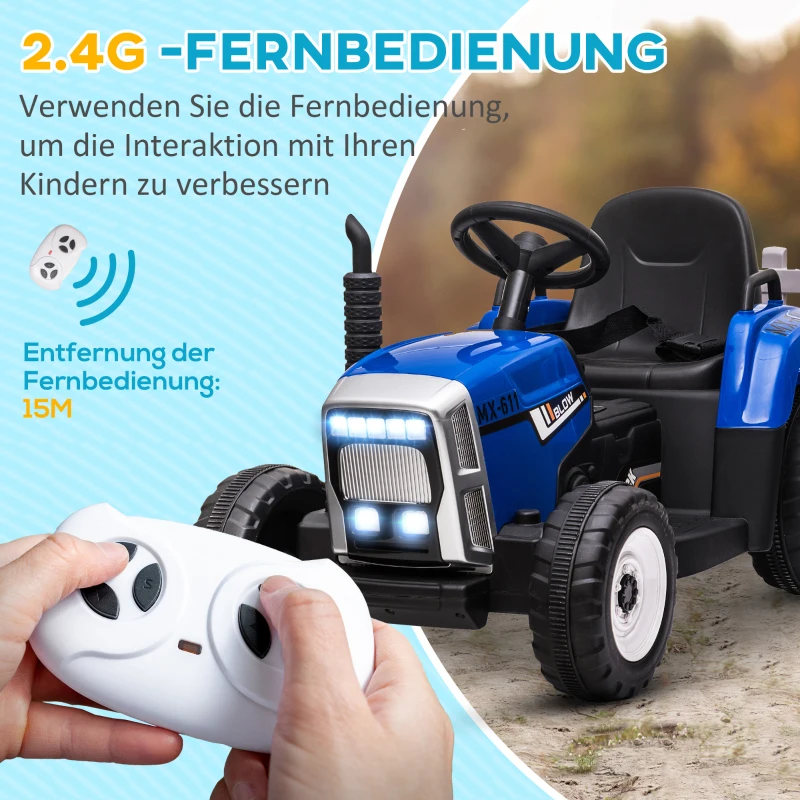 HOMCOM Elektrische Kinderauto met Aanhanger, Afstandsbediening, Lichteffecten, 3-6 km/u, voor 3-6 Jaar, Blauw(m-5)