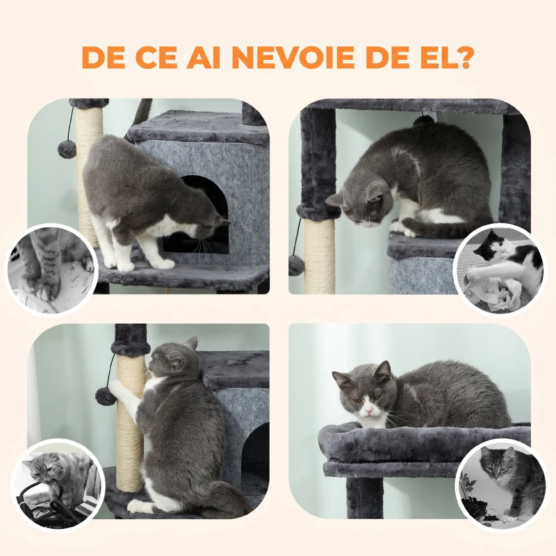 PawHut Ansamblu Multinivel pentru Pisici, 132 cm, cu Căsuță, Culcuș, Stâlpi de Zgâriat, Perie și Minge, Gri Închis