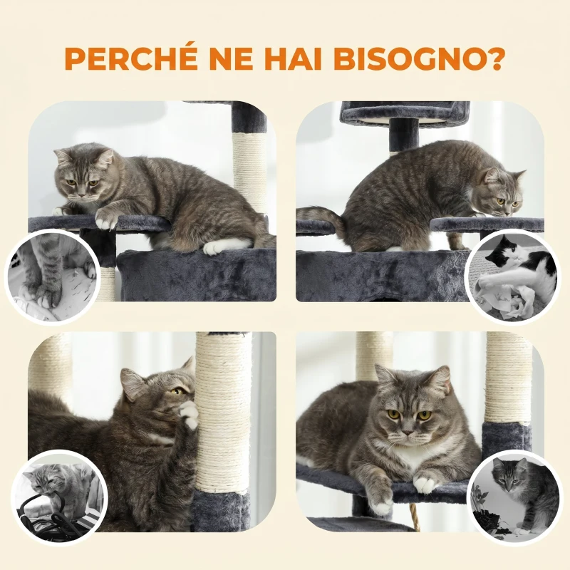 PawHut Albero Tiragraffi per Gatti Alto con Casette e Amache, 60x60x200cm, Grigio Scuro