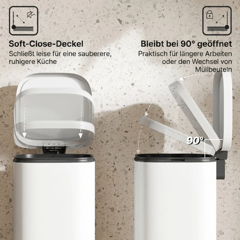 HOMCOM 30L Küchenmülleimer Pedaleimer mit Deckel, Soft-Close- und Offenhalte-Funktion für Küche, Zuhause
