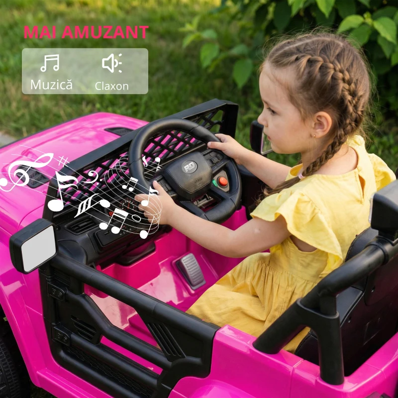 AIYAPLAY, mașină electrică 4x4 copii, telecomandă 2,4 GHz, 2 motoare 12 V, viteză reglabilă, muzică, lumini LED, negru
