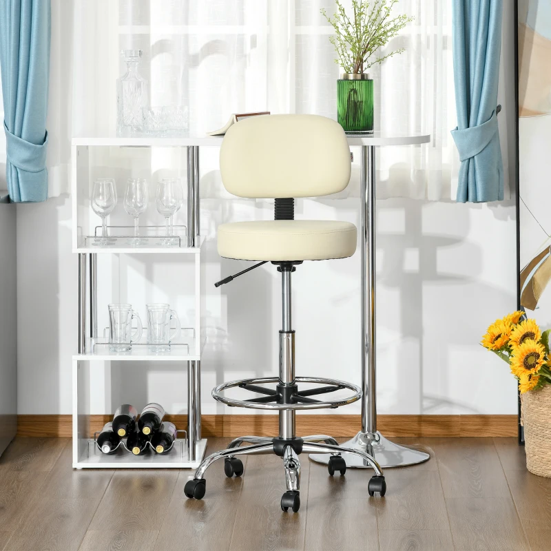 HOMCOM Tabouret de Bar Pivotant Réglable en Hauteur avec Roulettes en Cuir PU Tabouret de Travail Chaise de Bureau 360° Avec Dossier Rembourré Beige 56 x 57 x 104-127 cm