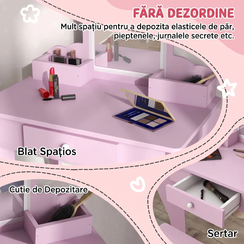 ZONEKIZ Set de toaletă pentru fetițe cu oglindă, scaun și spații de depozitare, din lemn roz