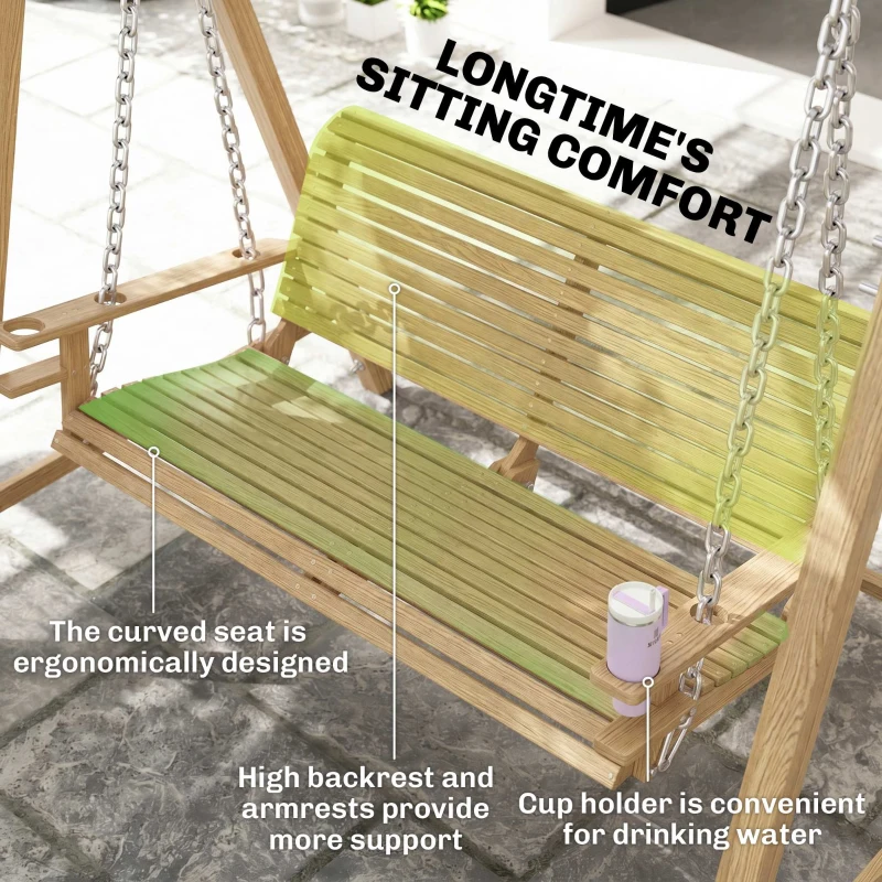 Outsunny 2 Seater Garden Swing Seat, Wooden Swing Chair Bench with Cup Holders for Outdoor Porch Patio, Natural