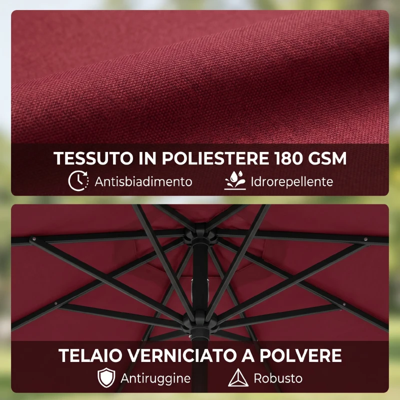 Outsunny Ombrellone da Giardino 3x2.5 m a Braccio Inclinabile con Manovella, Rosso Scuro
