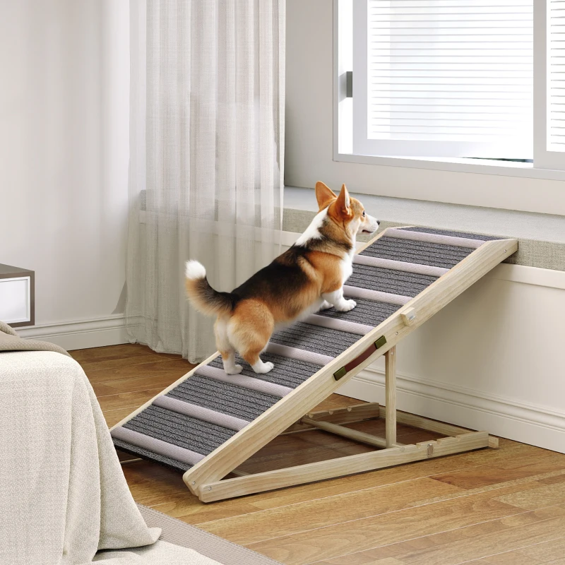 PawHut Rampa para Perros Plegable y Altura Ajustable 41-60 cm Rampa para Mascotas de Madera con Alfombrilla Antideslizante